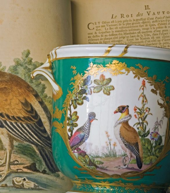 Vulture (Great Bustard) with a view of Stonehenge on a seau à demi–bouteille (small wine bottle cooler), from a table service, Sèvres, 1765. Goodwood, West Sussex.
